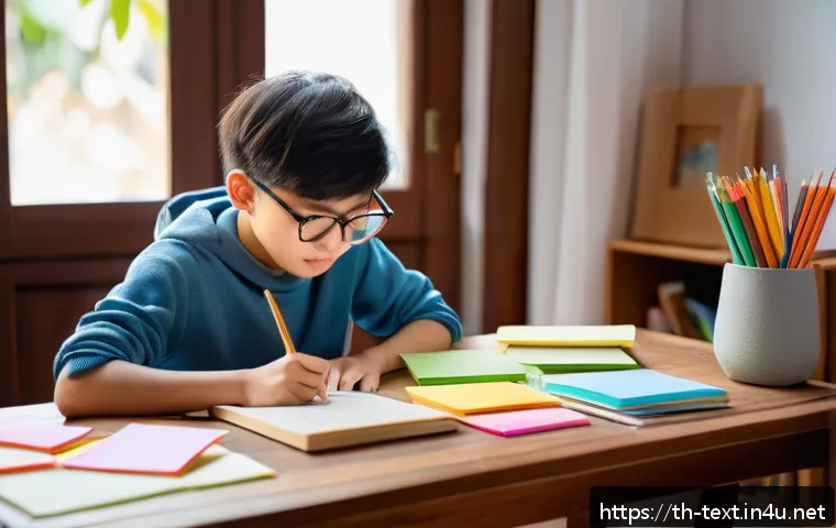 섬유기사 필기시험 대비 전략 - A focused young Thai student sitting at a neat wooden desk in a cozy room filled with textbooks and ...