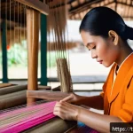 Home 23 섬유기사 자격증과 학위 연계 - A skilled Thai artisan in traditional attire carefully weaving intricate silk patterns on a wooden h...