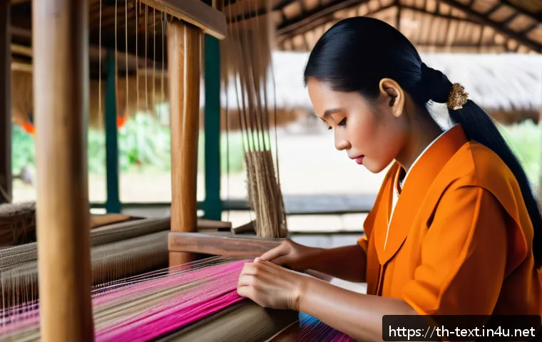 섬유기사 자격증과 학위 연계 - A skilled Thai artisan in traditional attire carefully weaving intricate silk patterns on a wooden h...