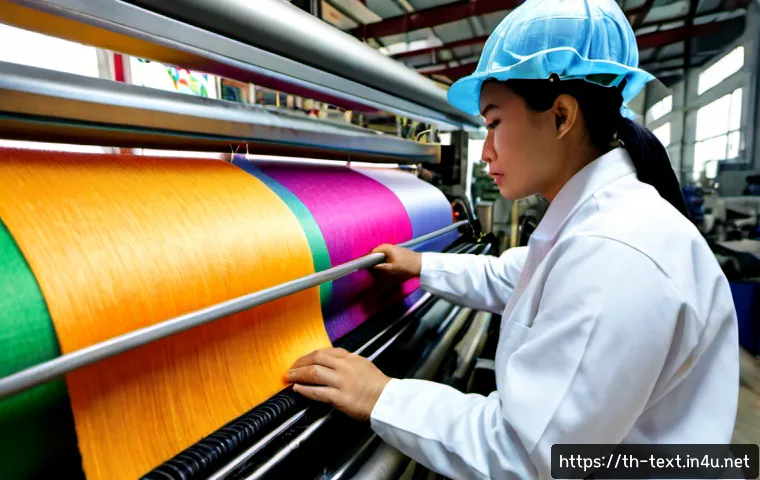Home 17 섬유기사 자격증 전망과 가치 - Photorealistic Thai textile engineer in clean safety attire inspecting colorful woven fabric on an i...