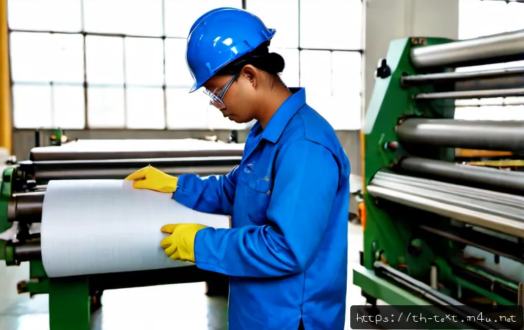 섬유기사와 산업용 직물 기술 - Photorealistic industrial textile engineer in a clean modern Thai manufacturing facility, wearing sa...