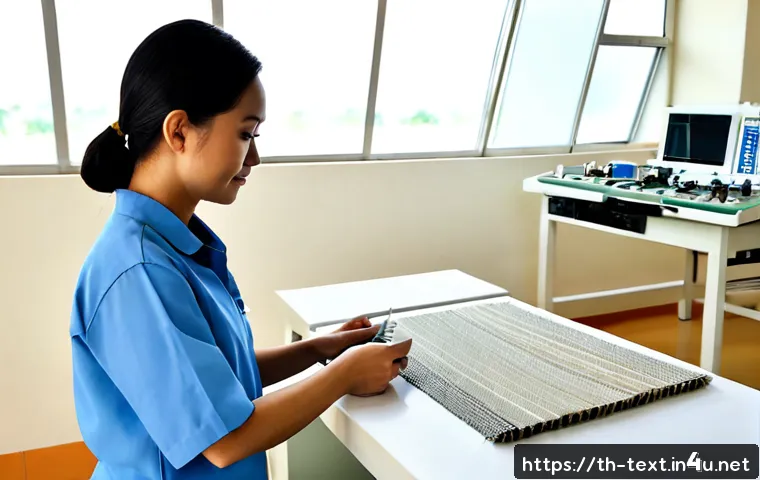 섬유기사 자격증 효용성 - Photorealistic Thai textile technician in a clean modern fabric-testing laboratory, carefully examin...