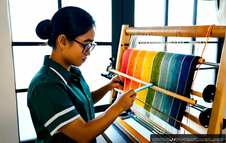 Home 17 섬유기사 이론과 실습의 중요성 - Photorealistic textile engineering classroom in Thailand, a focused adult student wearing safety gla...