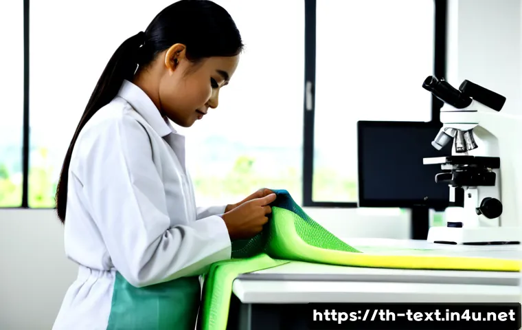 Home 17 섬유기사와 직무 연관 교육 - Photorealistic Thai textile engineer in clean safety attire examining colorful woven fabric samples ...